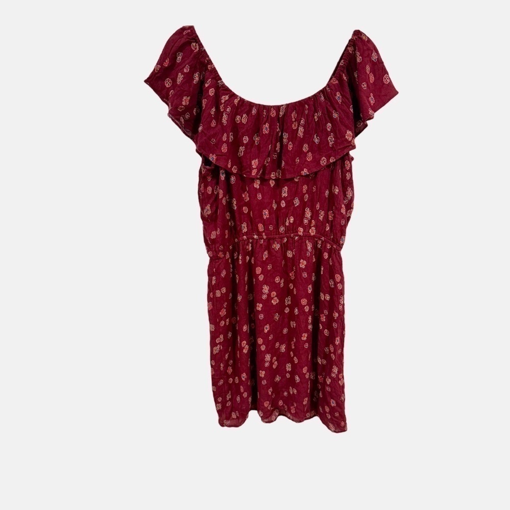 Loft Outlet Women’s Dress Floral Ruffle Neck A Line Dress Burgundy Size Medium